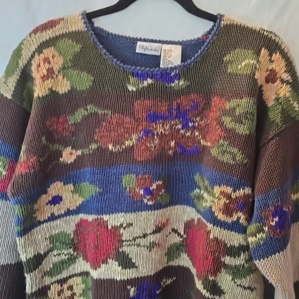 Vintage Styleworks Chunky-knit Fall Autumn Floral Sweater Grandmacore Oversize S